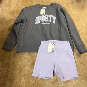 NWT. WILO Active Grey ‘Sporty’ Crewneck Sweatshirt and Lavender Shorts Set